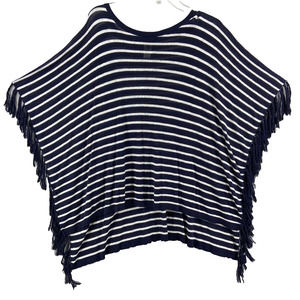 Talbots Shawl Poncho Womens Sz‎ Medium Blue Striped Fringe Linen Open Sides